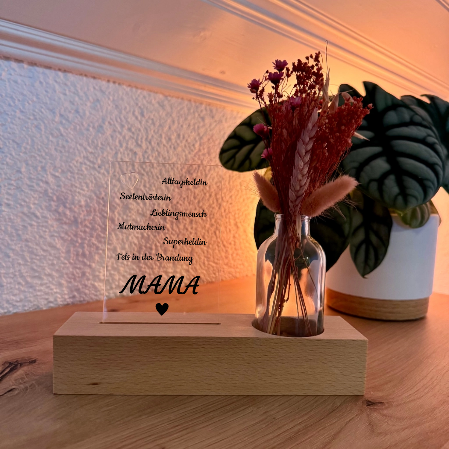 Trockenblumenständer mit Acrylschild