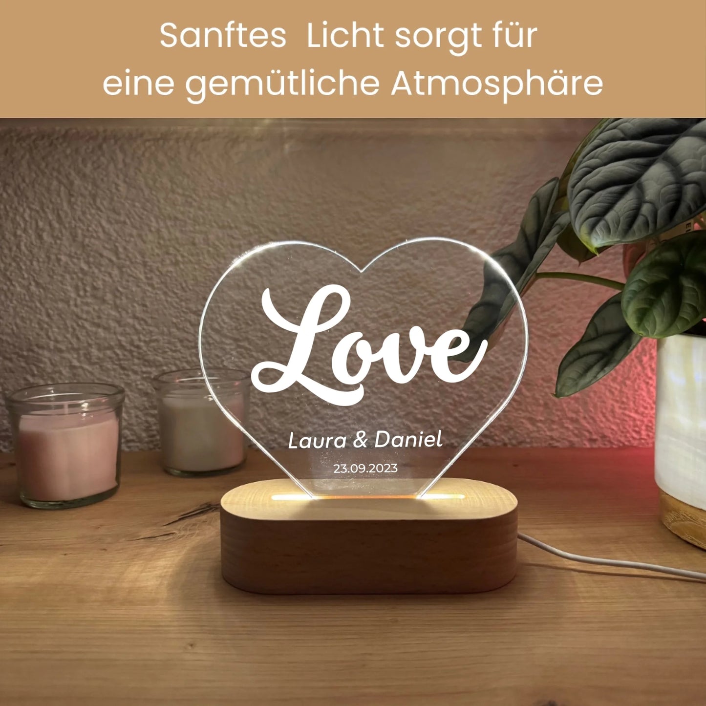 Herz-Acrylglas mit LED – Love – warm beleuchtet in einer Wohnumgebung